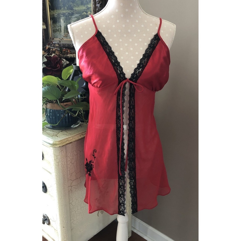 Vtg Y2K Secret Treasures Babydoll Teddy Red Satin Black Lace Sheer Ties Front M